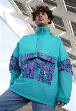 Vintage Y2K Rain Jacket Turquoise Front Pocket