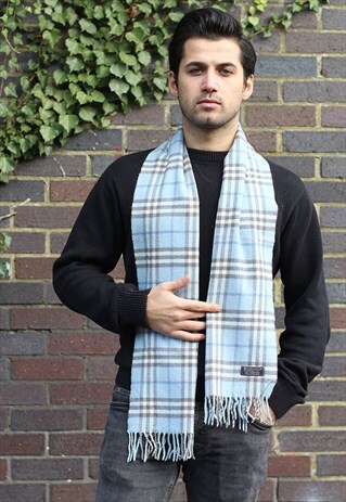 VINTAGE LAMBSWOOL CHECKED SCARF BLUE-AS92