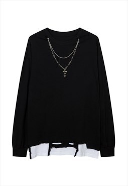 Double layer long t-shirt ripped tee metal chain top black