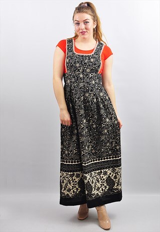 VINTAGE 60S BLACK & CREAM FESTIVAL PINAFORE MAXI DRESS