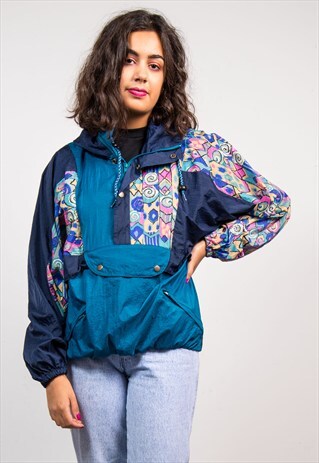 90'S RETRO NAVY CRAZY PATTERN HOODED CAGOULE