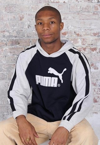 VINTAGE PUMA BIG LOGO HOODIE NAVY BLUE AND GREY