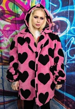 Heart fleece coat handmade 2 in1 detachable rave jacket pink