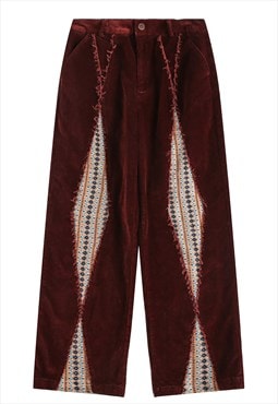 Ethnic corduroy pants wild west denim trousers burgundy red