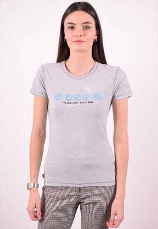 DIADORA WOMENS VINTAGE T-SHIRT TOP MEDIUM GREY 90S
