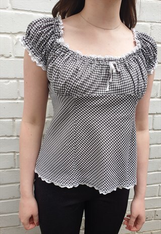 GINGHAM LACE TRIM MILKMAID TOP