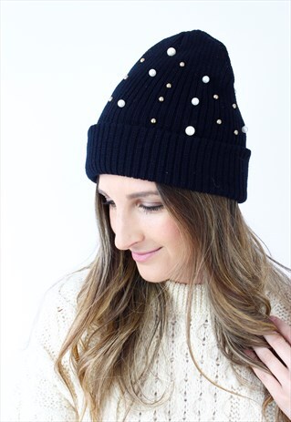 BLACK PEARL GOLD BEAD RIBBED KNITTED BEAN HAT