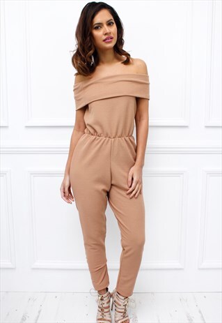 WOMENS LADIES OFF SHOULDER BARDOT CAMEL SKINNY JUMPSUIT