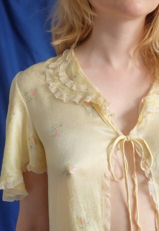 VINTAGE 30S YELLOW SATIN FLORAL CUTE TIE-UP TOP BLOUSE