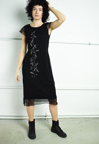 VINTAGE Y2K RETRO FLORAL MESH GLITTER MIDI PARTY DRESS BLACK