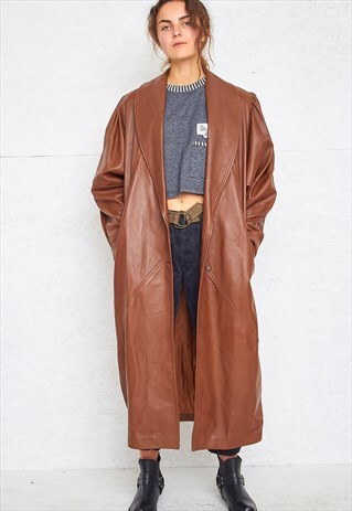 VINTAGE BROWN FAUX LEATHER LONG COAT