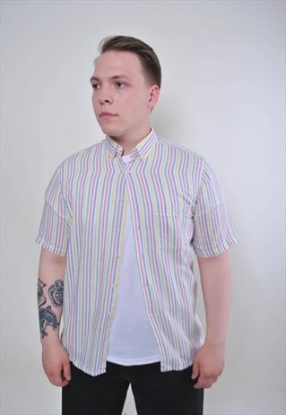 Vintage men multicolor summer short sleeve striped shirt 