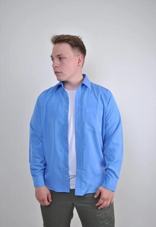 VINTAGE 90S BLUE BRIGHT DRESS SHIRT WITH LONG SLEEVE, SIZE M