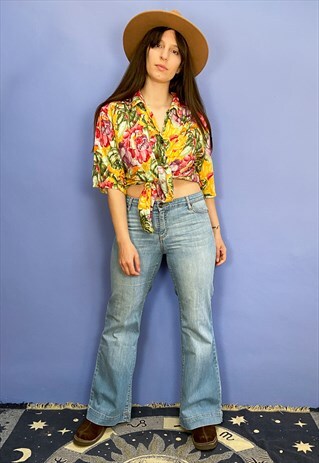 VINTAGE 90'S BRIGHT FLORAL PRINT SHORT SLEEVE SHIRT