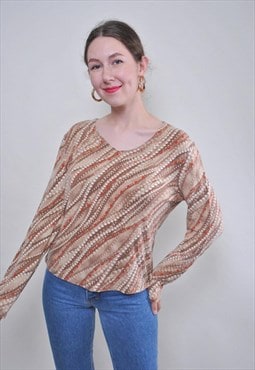 90s crop blouse, multicolor casual pullover blouse, Size M