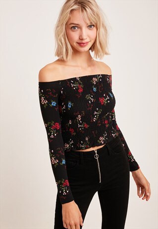 SUBDUED FLORAL SHIRRED TOP