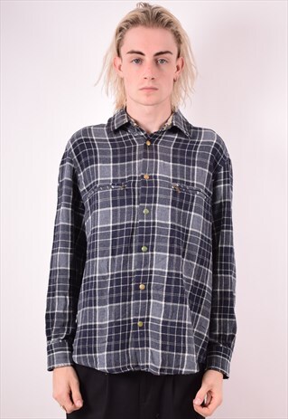 MENS VINTAGE FLANNEL SHIRT LARGE BLUE CHECK 90S