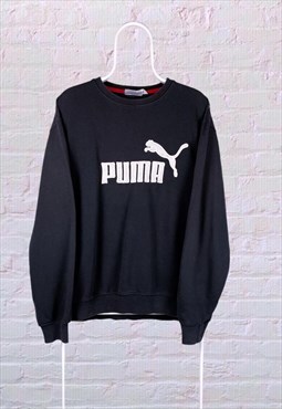 Vintage Puma Sweatshirt Spell Out Embroidered Black Medium