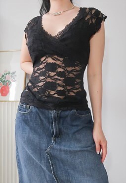 Vintage Coquette Milkmaid black floral Lace Top