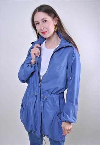 80S WOMAN RETRO BLUE LONG AUTUMN PARKA JACKET