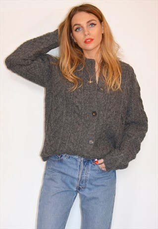 VINTAGE 90S DARK GREY WOOL KNITTED CARDIGAN