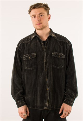 VINTAGE DISTRESSED BLACK FLANNEL SHIRT XXL