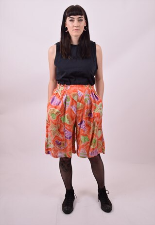 VINTAGE 80'S ORANGE SEA SHELL PRINT HIGH WAIST SHORTS 12 14
