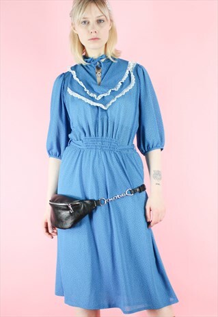VINTAGE 90S DRESS BOW NECK BRIGHT BLUE