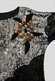 80'S VINTAGE SILVER BLACK SEQUIN FLORAL EVENING TOP