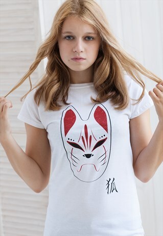 JAPANESE FOX MASK T SHIRT KITSUNE KAWAII JAPAN KANJI ANIME