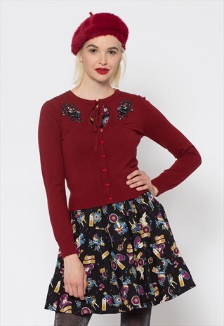RED CHESHIRE CAT EMBROIDERED CARDIGAN