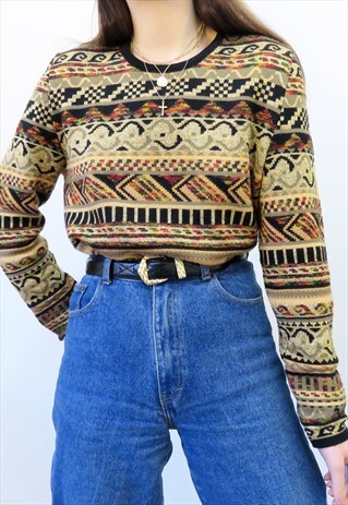 90S VINTAGE TRIBAL TAPESTRY JUMPER IN BROWN / BEIGE / BLACK