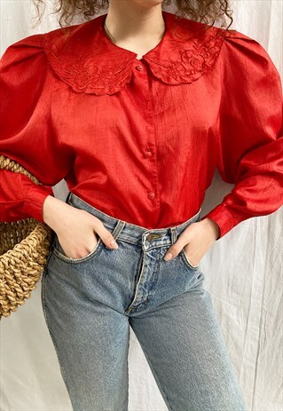VINTAGE 80S LUXE SATIN MILKMAID PUFF SLEEVE BLOUSE TOP RED
