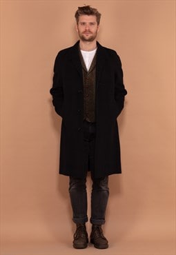 Vintage 70's Men Minimalist Wool Blend Coat in Black