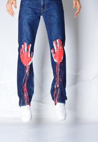VINTAGE 90S REWORKED DIESEL RED HAND PAINTED BLUE JEANS