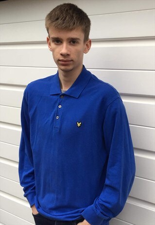 MENS Y2K LYLE & SCOTT TOP DARK BLUE LONG SLEEVED POLO SHIRT