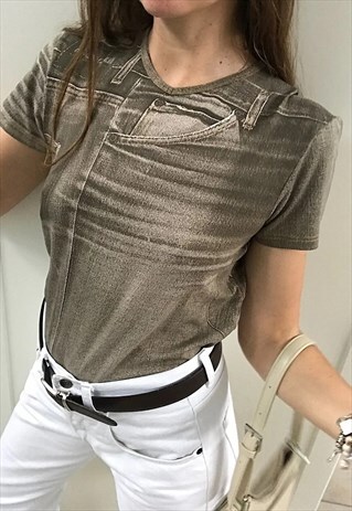 VINTAGE Y2K ROBERTO CAVALLI DENIM PRINT TOP T-SHIRT BLOUSE