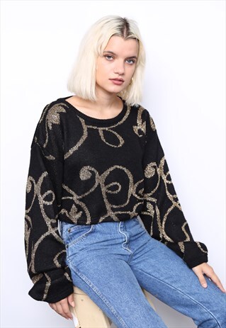 VINTAGE 80S GOLD BLACK KNIT CROP JUMPER