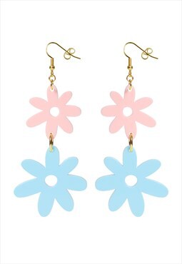 Flower power double drop hook earrings baby pink & blue