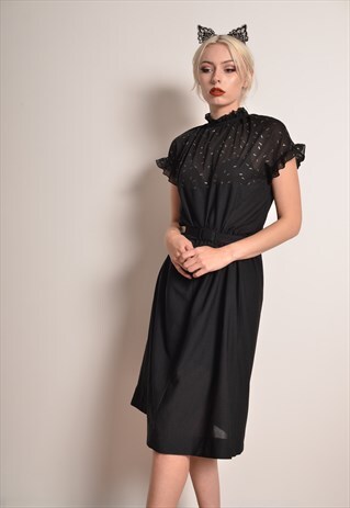 VINTAGE 60S BLACK MIDI DRESS WITH METALLIC PATTERN
