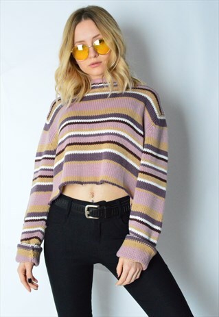 REWORKED VINTAGE 90S PURPLE STRIPED KNIT CROPPED JUMPER