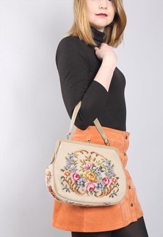 VINTAGE 60S FLORAL EMBROIDERED TAPESTRY HANDBAG