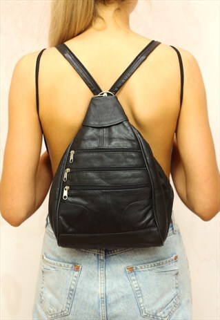1990S VINTAGE JET BLACK REAL SOFT LEATHER BACKPACK