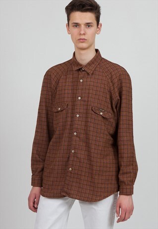 VINTAGE BROWN WRANGLER LONG SLEEVE CHECKERED SHIRT
