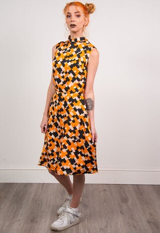 VINTAGE 60'S ORANGE ABSTRACT PRINT MIDI DRESS