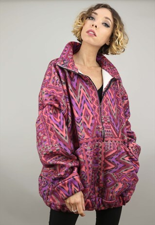 VINTAGE 90S OVERSIZED 1/4 ZIP PATTERNED FLEECE