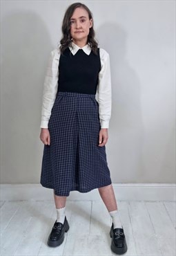 Vintage 80's Navy Blue Checked Wool Blend Midi Skirt