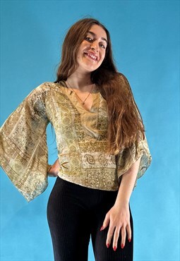 Beautiful Paisley Floral Printed Fluted Angel Sleeve Blouse.