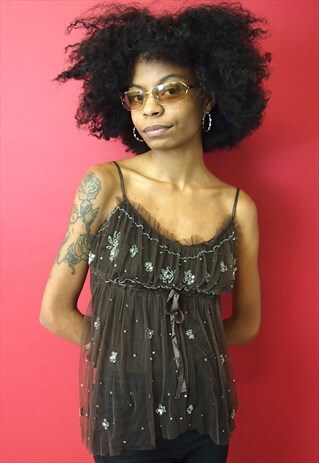 BROWN MESH EMBROIDERY TOP