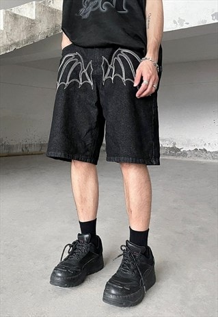 BLACK EMBROIDERED BAT DENIM RELAXED FIT SHORTS